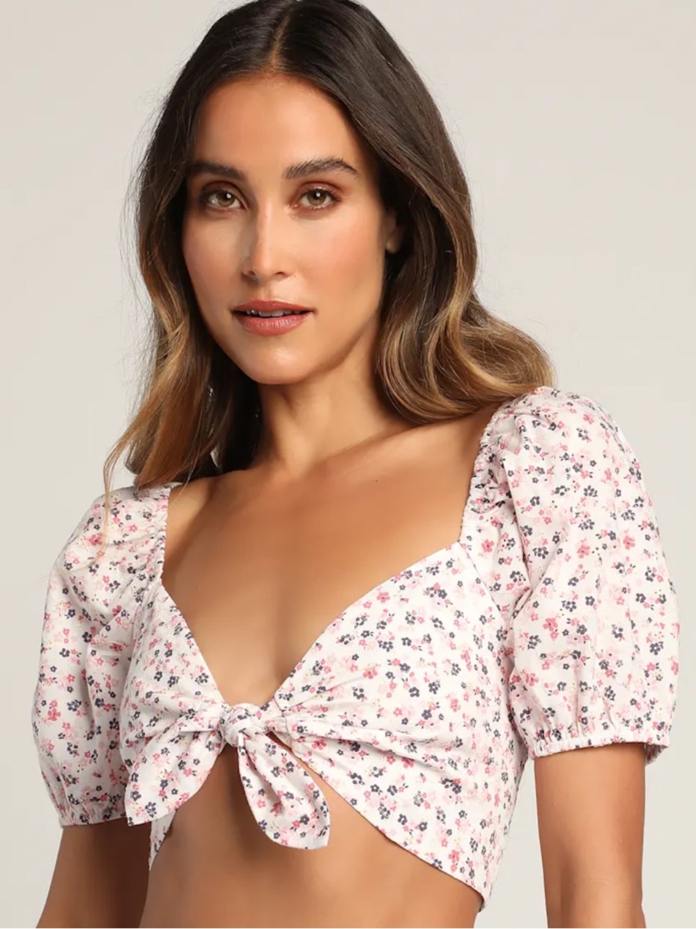 Totally Flirting White Floral Puff Sleeve Tie-Front Crop Top